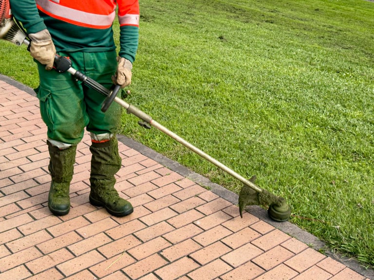 Gardener using trimmer to maintain lawn edge near brick pathway.